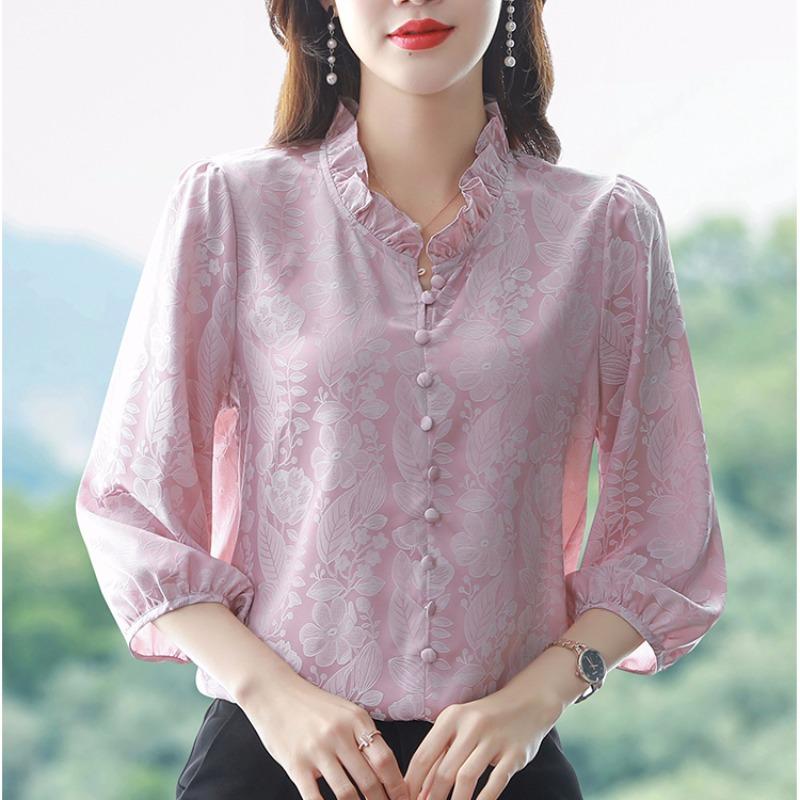 Satin T-shirt for Women In Spring with Three Quarter Sleeves Black Fungus Edge V-neck Shirt Meat Cover Shirt Blouses & Shirts