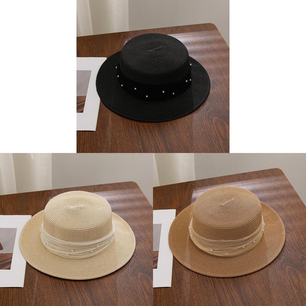 French Lace Pearl Straw Hat Summer Sunshade Wide Brim Breathable For Beach Vacation