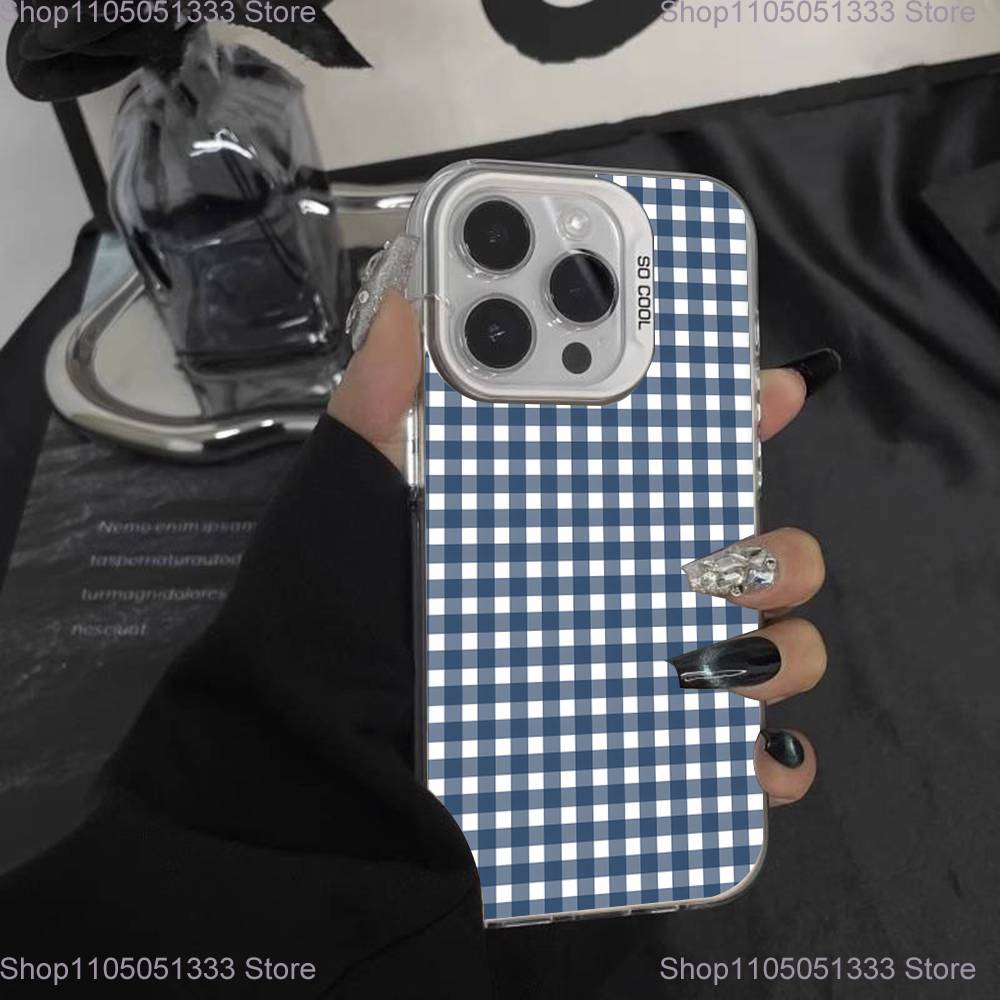 Корейский Ins Чехол для телефона в синюю полоску и клетку для iPhone 17,16,15,14,13,12,Pro,XS,Max,Plus,Mini,SE Белый Конфетный Матовый Ударопрочный Чехол