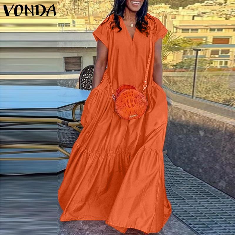 VONDA Women Summer V-Neck Short Sleeve Layered Dresses