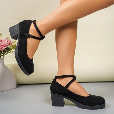 Мода 2025 Женская обувь Круглый носок Ремешок с пряжкой Женские туфли на высоком каблуке Классические черные офисные туфли Женские туфли на низком толстом каблуке