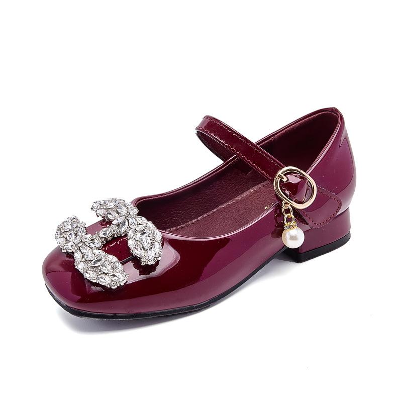 High-heeled girls' princess shoes for spring and autumn2026New style little girl's leather shoes with dress, soft-soled children's crystal shoes