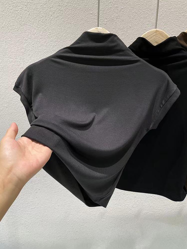 2025 Женская облегающая повседневная футболка с коротким рукавом и высоким воротником