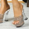 Женские прозрачные сексуальные сандалии для девочек, банкетные тапочки на толстом каблуке со стразами, непромокаемая толстая подошва, сексуальные кристаллы LFD-10365-B12