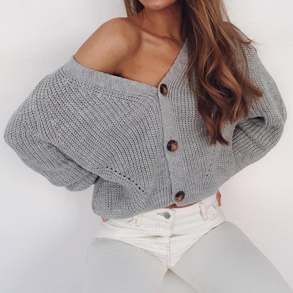 Autumn Winter New Women Solid Color Deep V Neck Lantern Sleeve Button Loose Knitted Cardigan Sweater