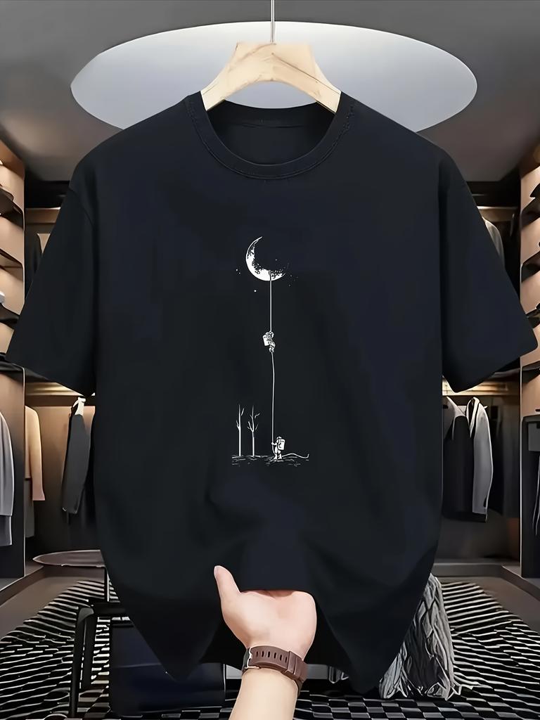 Minimalist Moon Climber Graphic Tee with Black Ink Art Print on White Fabric 100 Cotton Unisexs Tshirt Summer Casual Wear
