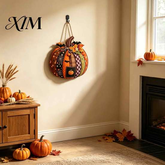 Entryway Decorative Craft Patchwork Pumpkin Wooden Door Hanger, Fall Harvest Halloween Sign Autumn Hanger with Maple Leaves Berries, Farmhouse