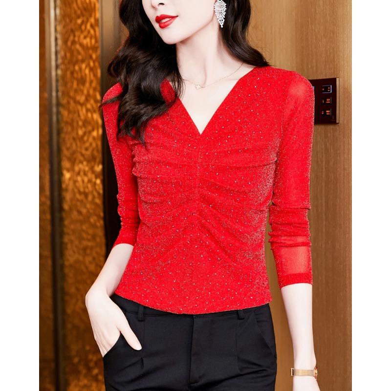 New Autumn V-neck Fashionable Temperament Versatile Bright Silk Mesh Yarn Long Sleeve Chic Base Shirt for Women
