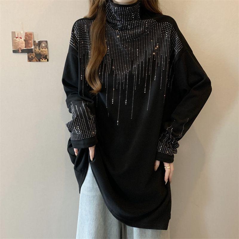 Women's Clothing Autumn Winter Korean Fashion Rhinestone Thick Warm Basic T-shirts High Collar Black Oversized Long Sleeve Tops