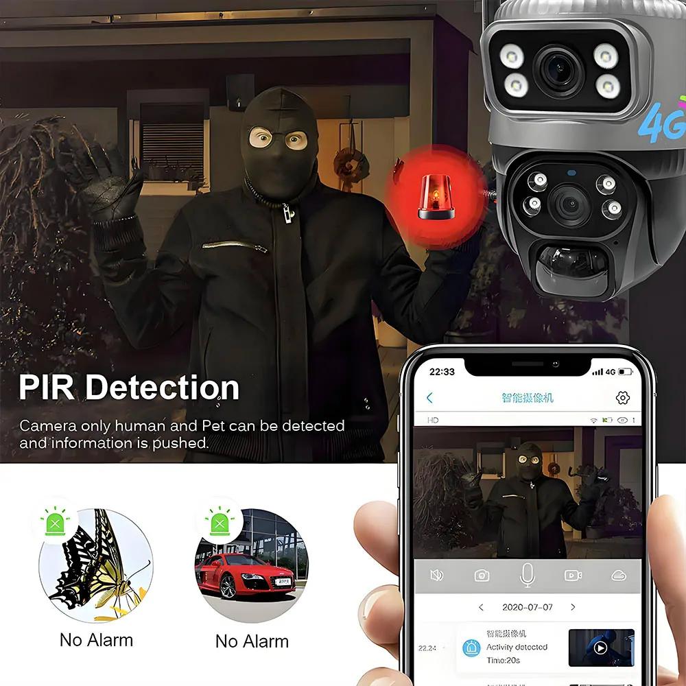 2024 Солнечная камера для наружного наблюдения с двумя объективами 8 МП 4G SIM IP 8000 мАч батареи Беспроводное видеонаблюдение V380 Защита безопасности 360 CCTV