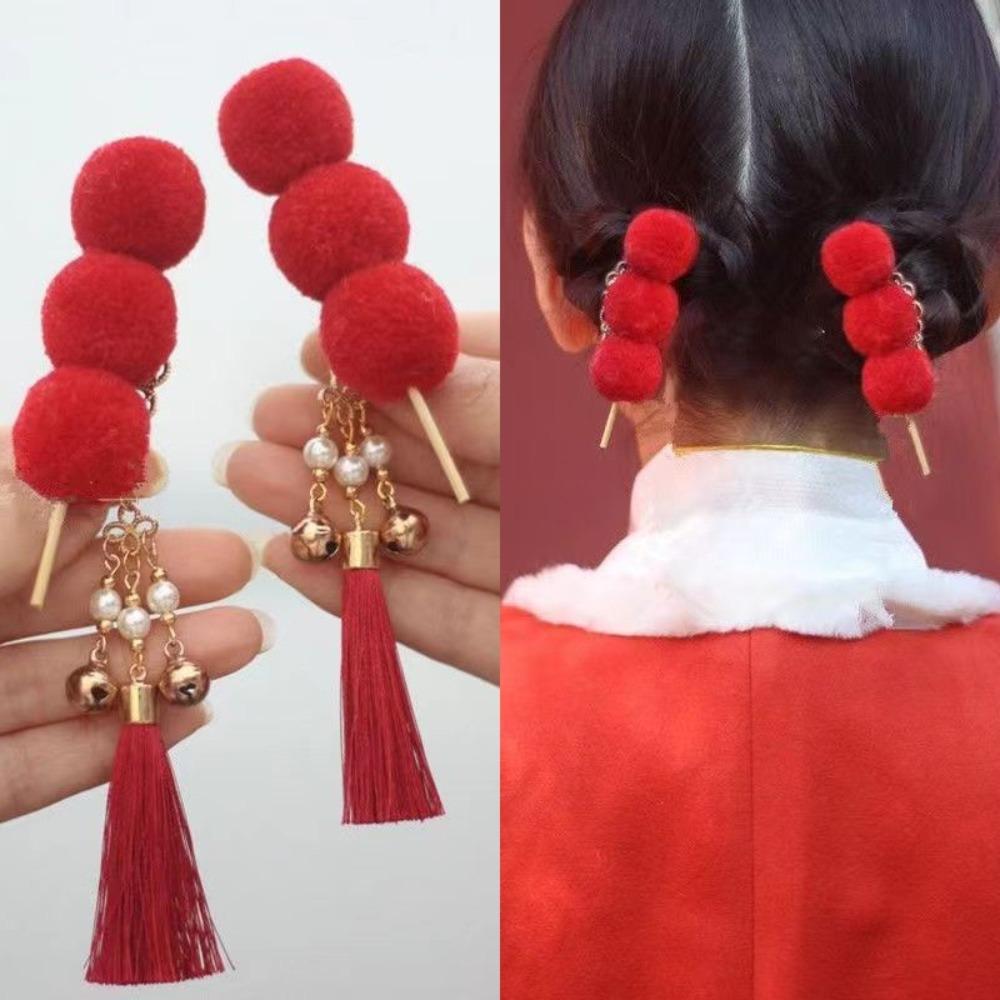 Red Chinese Style Ancient Hairpin Pearl Chinese New Year Side Clip Hanfu Hair Clip  Women