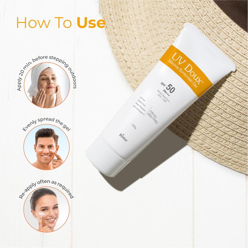 Brinton Солнцезащитный гель для лица и тела UV Doux SPF 50 PA+++ | Матовый, безмасляный, водостойкий | Защита от UVA/UVB-лучей | Для всех типов кожи | 100 г