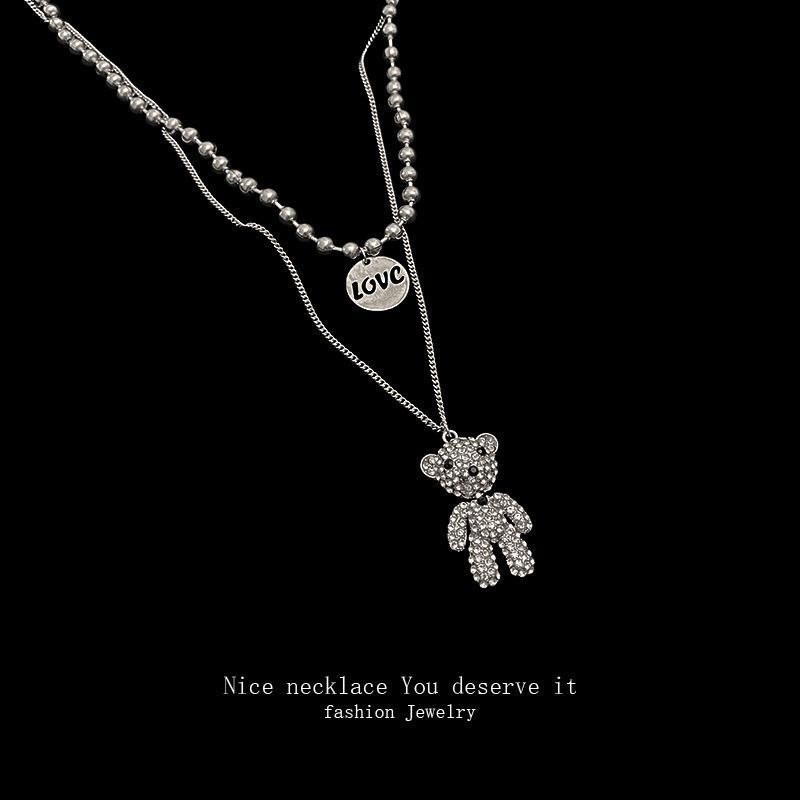 Ожерелье из титановой стали с двумя бриллиантами и цепочкой в виде медведя для женщин в стиле хип-хоп со стразами