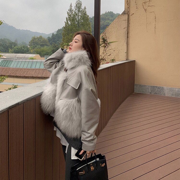 Chic Faux Fur Coat with Leather Patchwork for Women - Perfect for Autumn and Winter