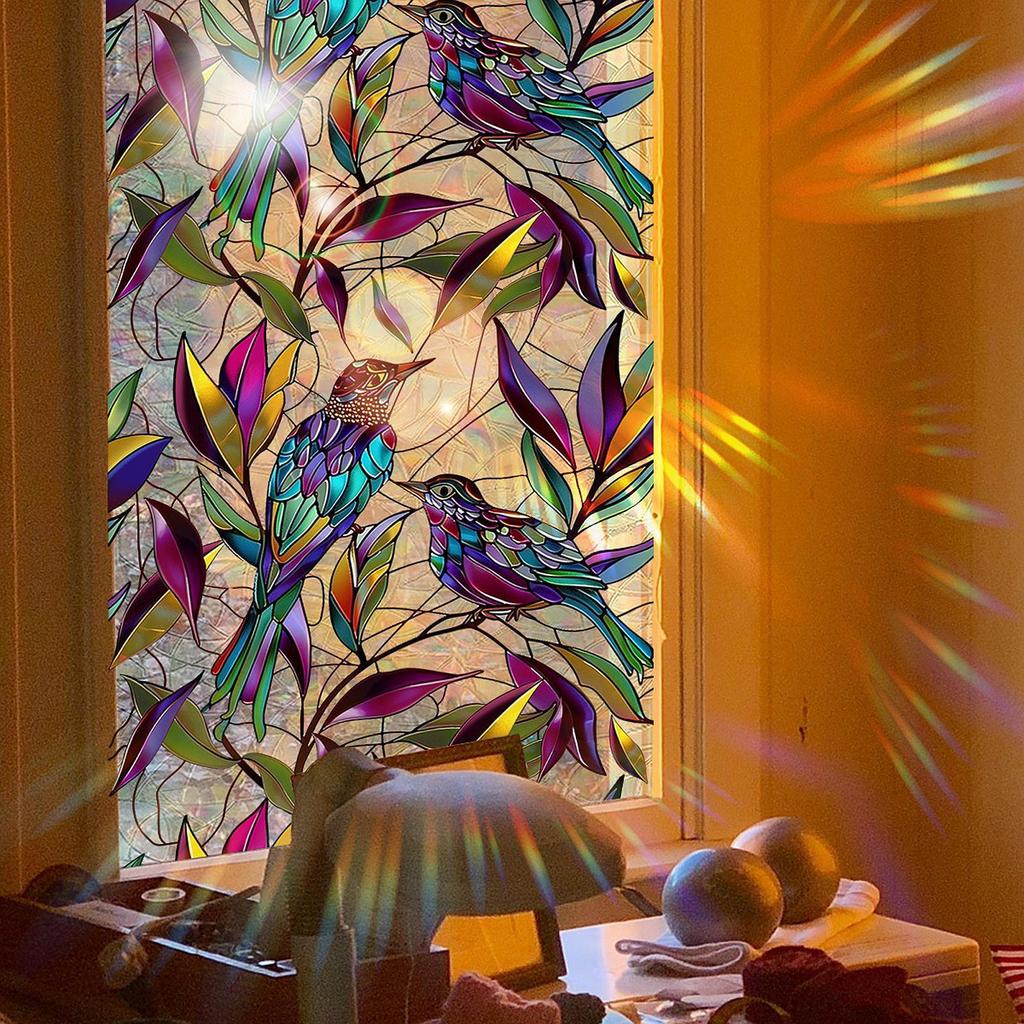 Stained Glass Window Film Removable Sticker Bird On Branch Bedroom Vintage Design Scene Layout