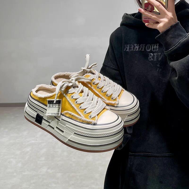 Internet Celebrity Platform Canvas Burr Bag Head Half Slippers Women's Summer 2025 New Versatile Summer Casual Thin Beggar Shoes