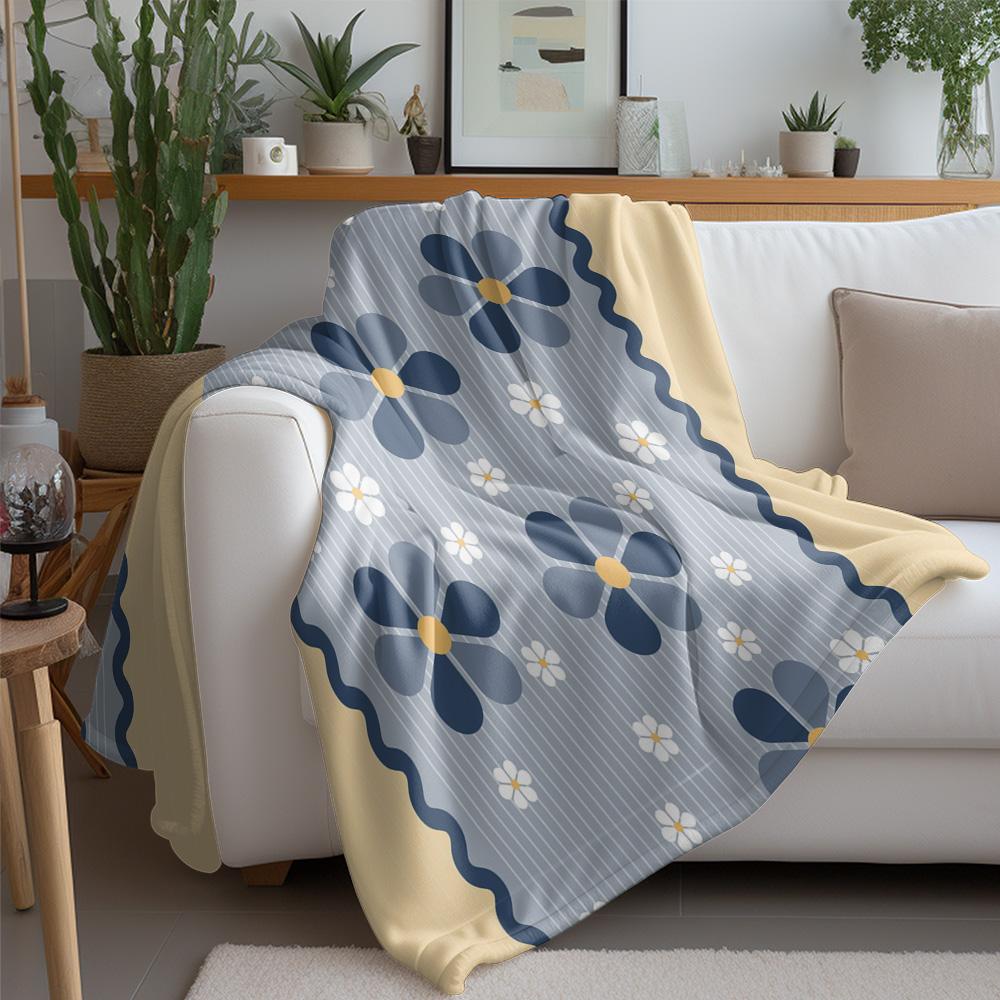 Blue Floral Geometric Pattern Fleece Blanket Soft Throw Cozy Sofa Bed Decorative Gift