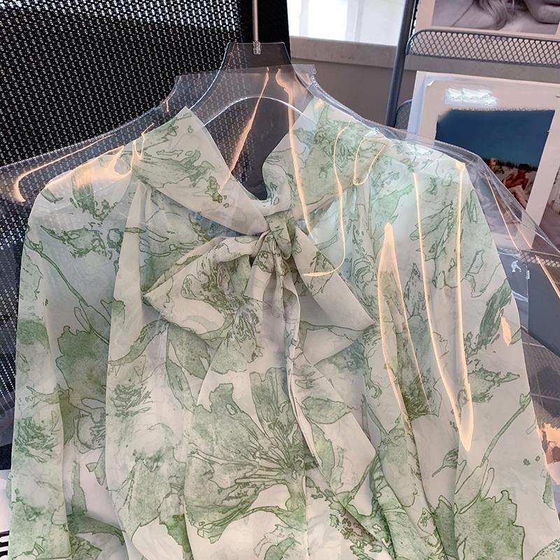 Блузка из шифона с зеленым принтом в французском стиле, с завязками, женская, новая, винтажная, с длинным рукавом, для ранней весны