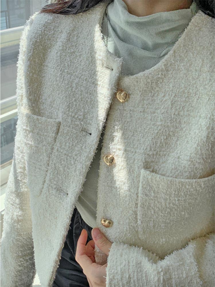 Куртки с карманами для женщин, осень-зима, новые модные пальто с длинным рукавом и круглым вырезом, винтажный шикарный твидовый пиджак на пуговицах