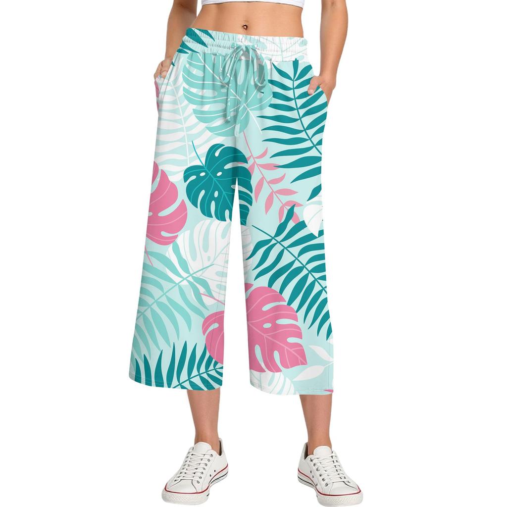 Женские летние повседневные спортивные брюки с высокой талией и принтом, укороченные брюки свободного покроя