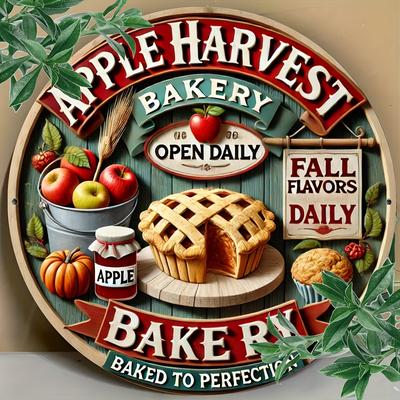 Деревянная винтажная декоративная стена для пекарни «Урожай яблок» — ежедневная вывеска «Открытый яблочный пирог и выпечка», ретро-искусство на кухне, прочная настенная живопись из жести с