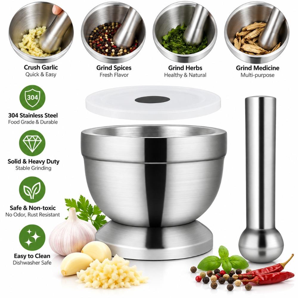 Stainless Steel Mortar And Pestle Set Silver Garlic Grinder Bowl Spice Preparation