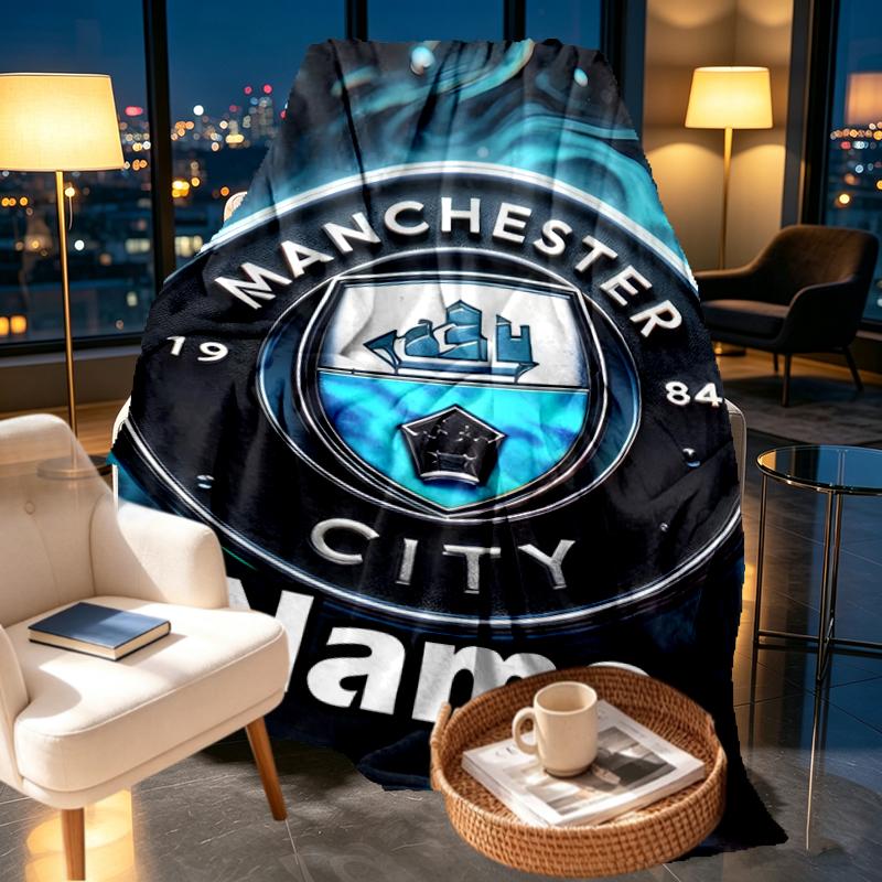 Custom Name Personalized Manchester City FC Print Blankets, Home Decor, Bedroom, Sofa, Camping, Couch, Gifts for Birthday Christmas