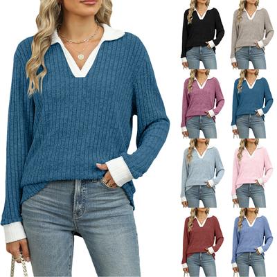 2024 Осень/Зима Новый Цвет Clash Воротник Длинный Рукав Свободная Футболка Топ Для Женщин