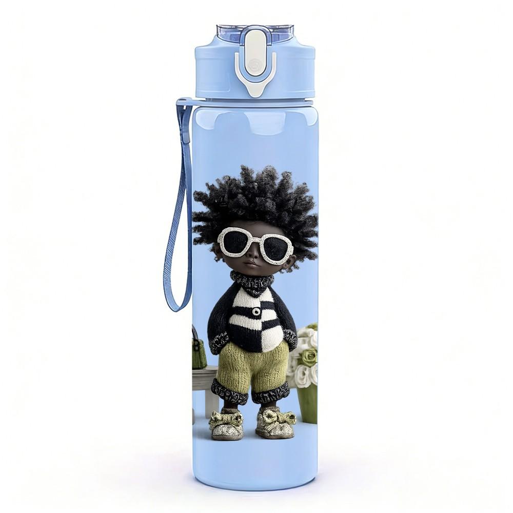 1PC Afro Boy With Sunglasses Cartoon Print 750ml Color Plastic Sports Water Bottle Leakproof Flip Straw Lid Suitable for Sports Office Home Use