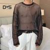Men Mesh Top Thin See-through Shiny Sequin Mesh O Neck Long Sleeves Solid Color Stretchy Loose Fit Muscle-Enhancing Party Homewear Club Dance