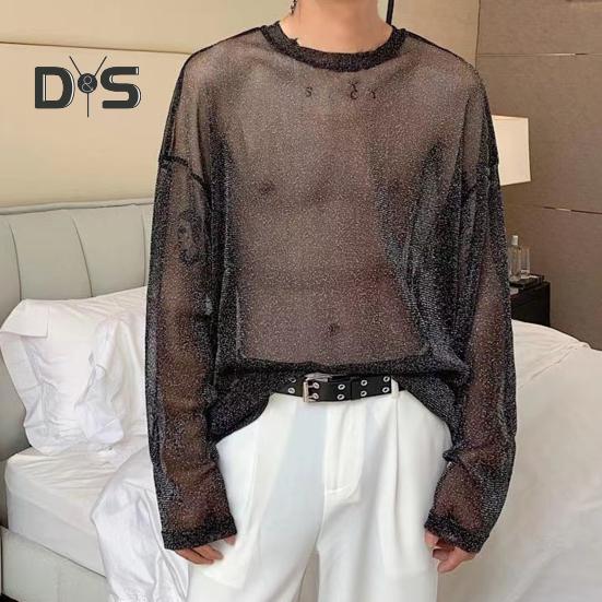 Men Mesh Top Thin See-through Shiny Sequin Mesh O Neck Long Sleeves Solid Color Stretchy Loose Fit Muscle-Enhancing Party Homewear Club Dance