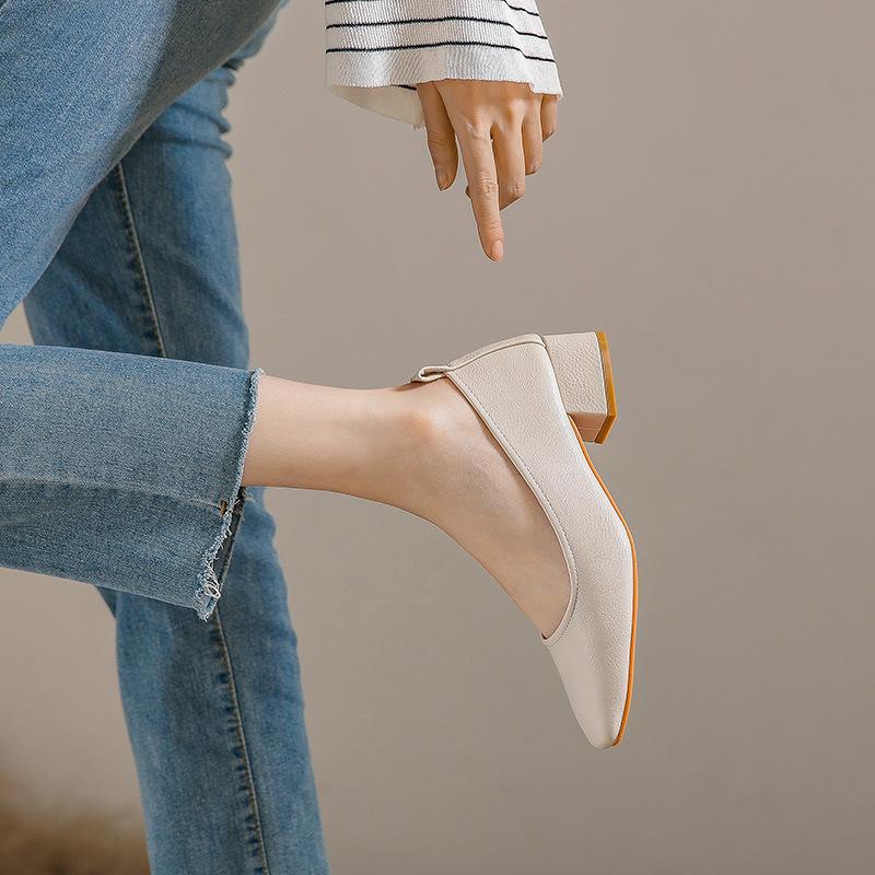 Fashion Woman Spring Elegant Square Toe Shallow Mouth Walk Mary Janes Leisure Female Black Designer 4CM High Heel Girl Work Shoes