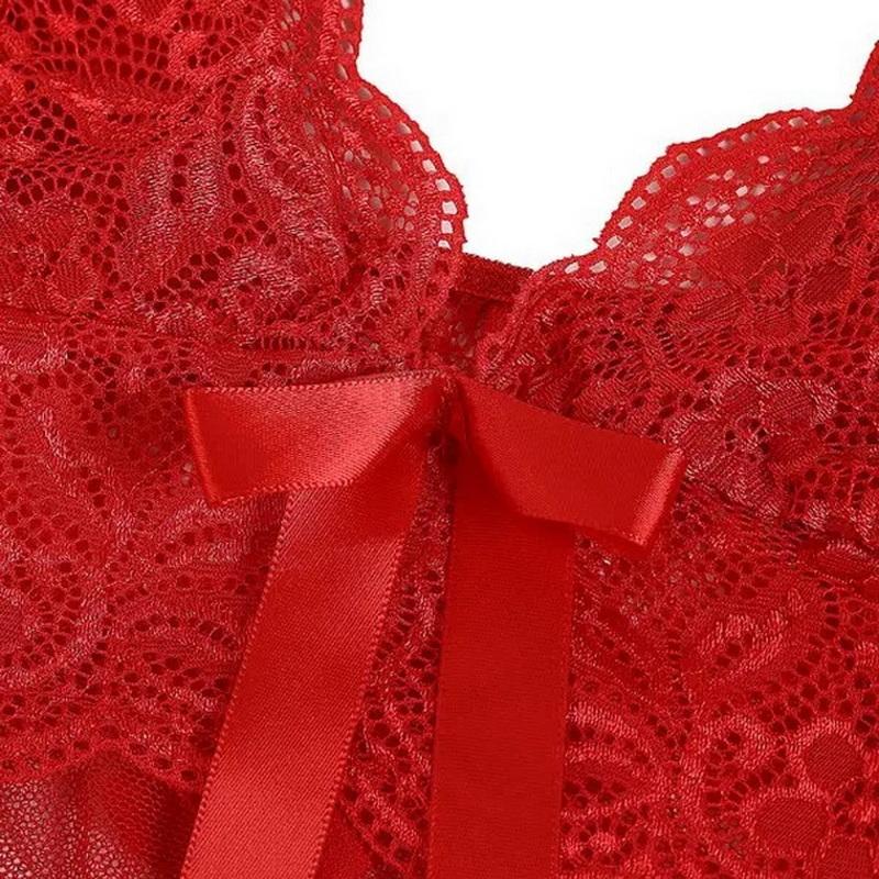 Сексуальное кружевное цельное платье, женские тюлевые пижамы, свадебный подарок, искушение, ночная рубашка, прозрачная униформа с красным принтом