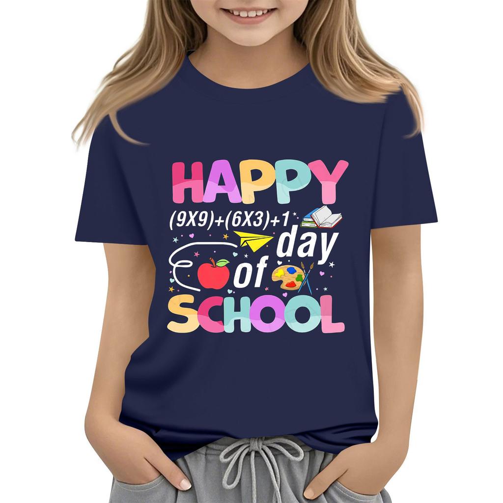 Kids Fashion Casual Short Sleeve 100 Day School Anniversary Printed Round Neck T-Shirt Top