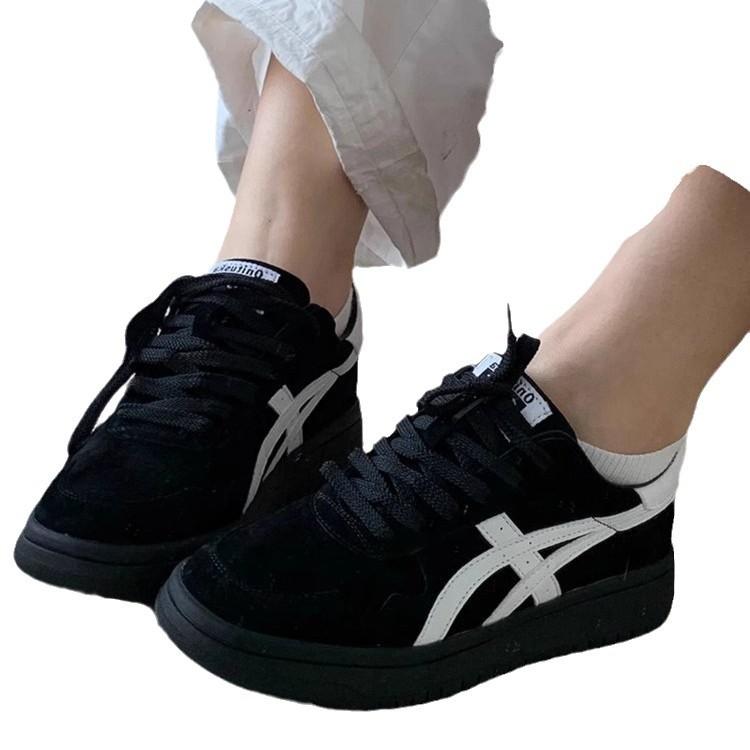 2024 Autumn New Thick-soled Maillard Niche Leather Surface Retro Sports and Leisure Board Shoes Trendy Gray-blue German Training Shoes Women