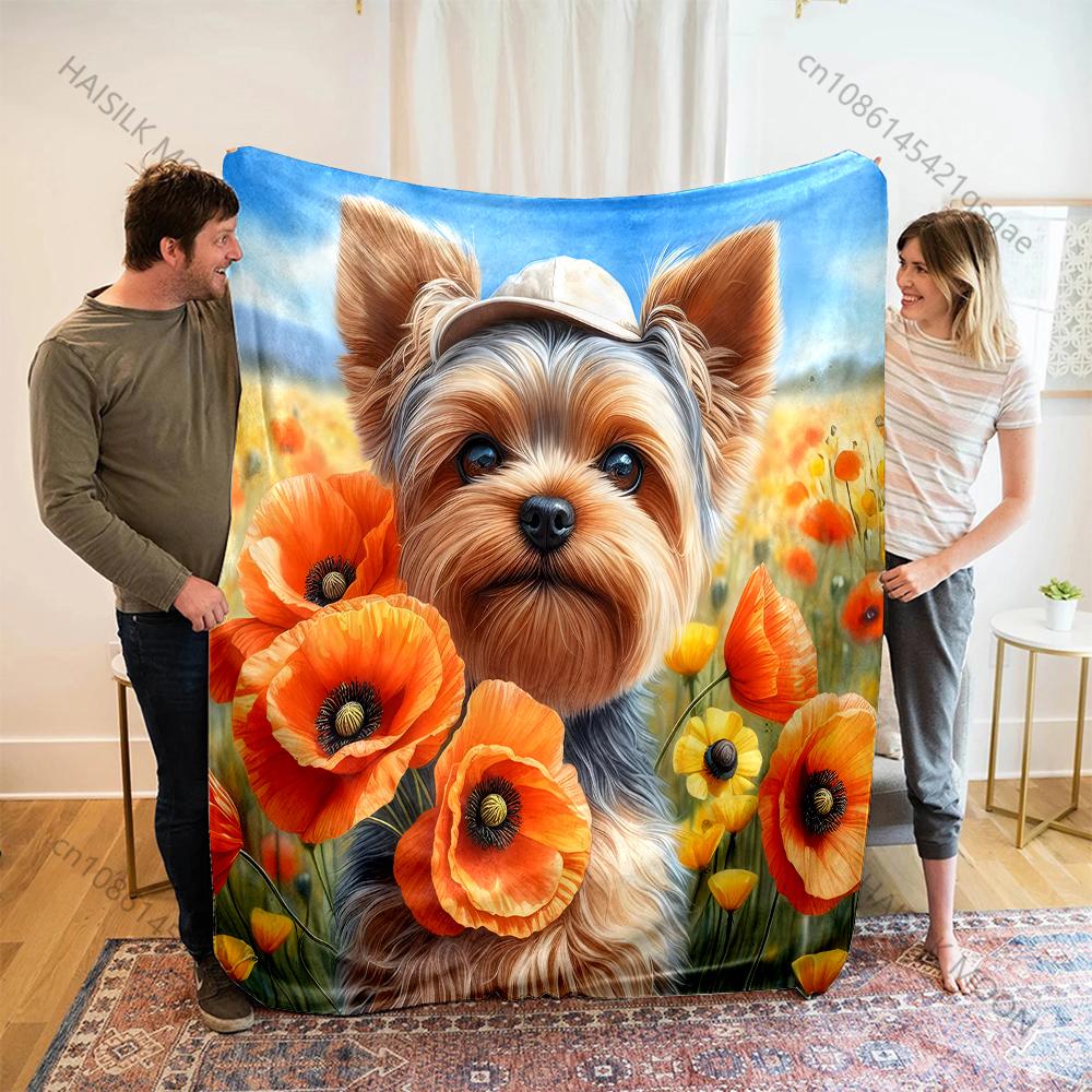 Yorkshire terrier and flowers Print Blanket Warm Soft Fluffy Kids and Adults Sofa Bed Throw Blanket for Home Travel Camping