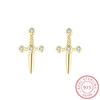 Delicate Gold Cross Full Diamond Stud Earring for Women Original 925 Sterling Silver Engagement Bridal Gift Jewelry