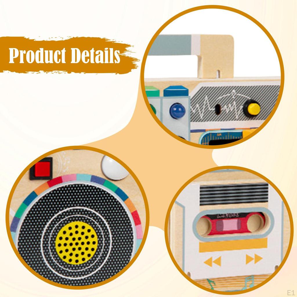 Kids Busy Board with Light Led,Switches,Music,Toddler Early Development Wooden Radio Sensory Toy