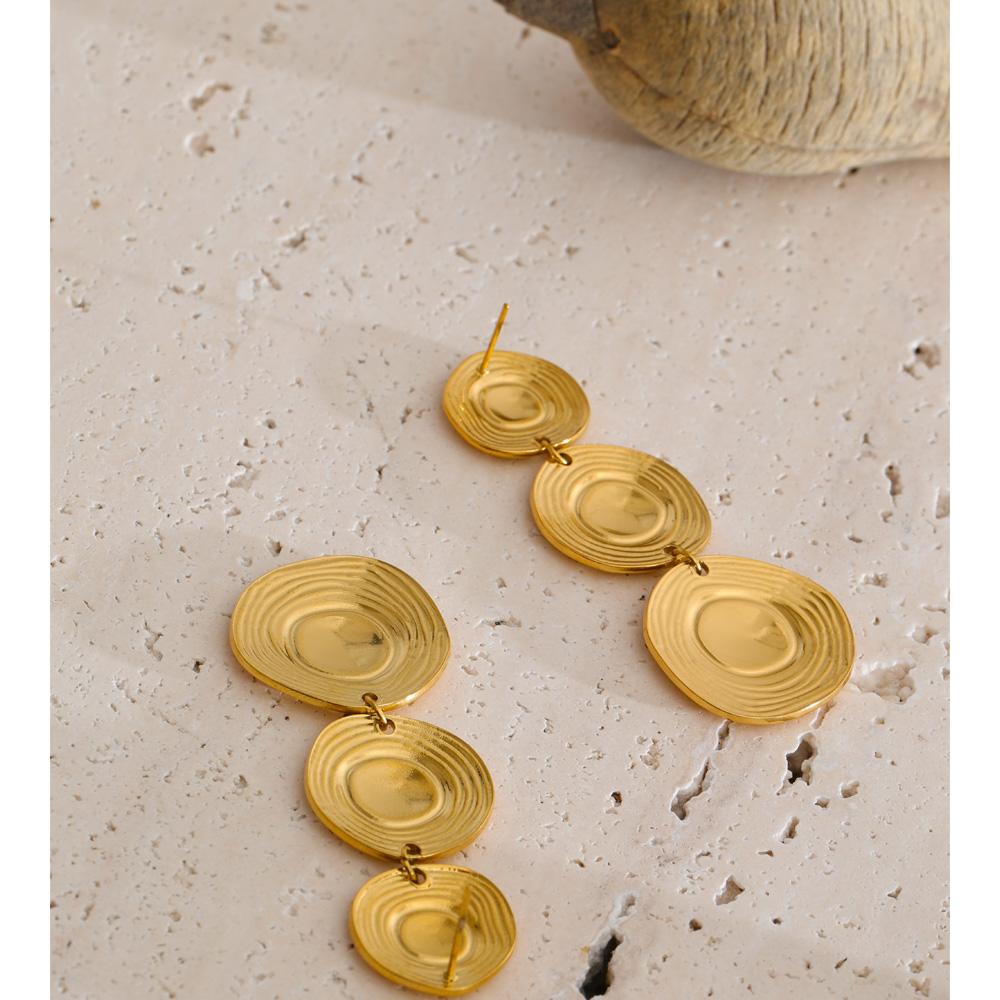 Yhpup Stainless Steel Stripe Round Drop Earrings Waterproof Metal PVD Plated Versatile Daily Gold Color Jewelry Accessories