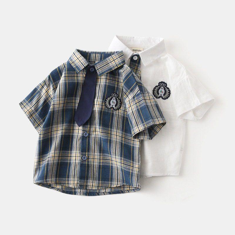 Children's Summer Clothing Boy's Short-Sleeved Shirt Kids Gingham Shirt Baby Lapel Preppy Style Tie Casual Clothes