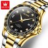 OLEVS New Fashion Gold Green Quartz Watch Men Stainless Steel Waterproof Luminous Calendar Mens Watches Relogio Masculino