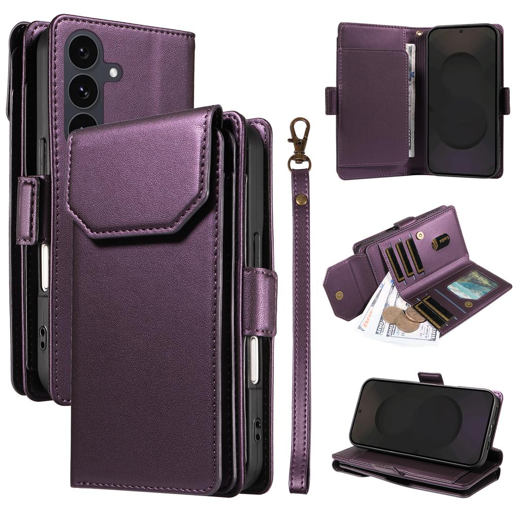 For Samsung Galaxy S25 FE Case with Multi-Card Holder and Strap PU Leather Phone Cover Stand