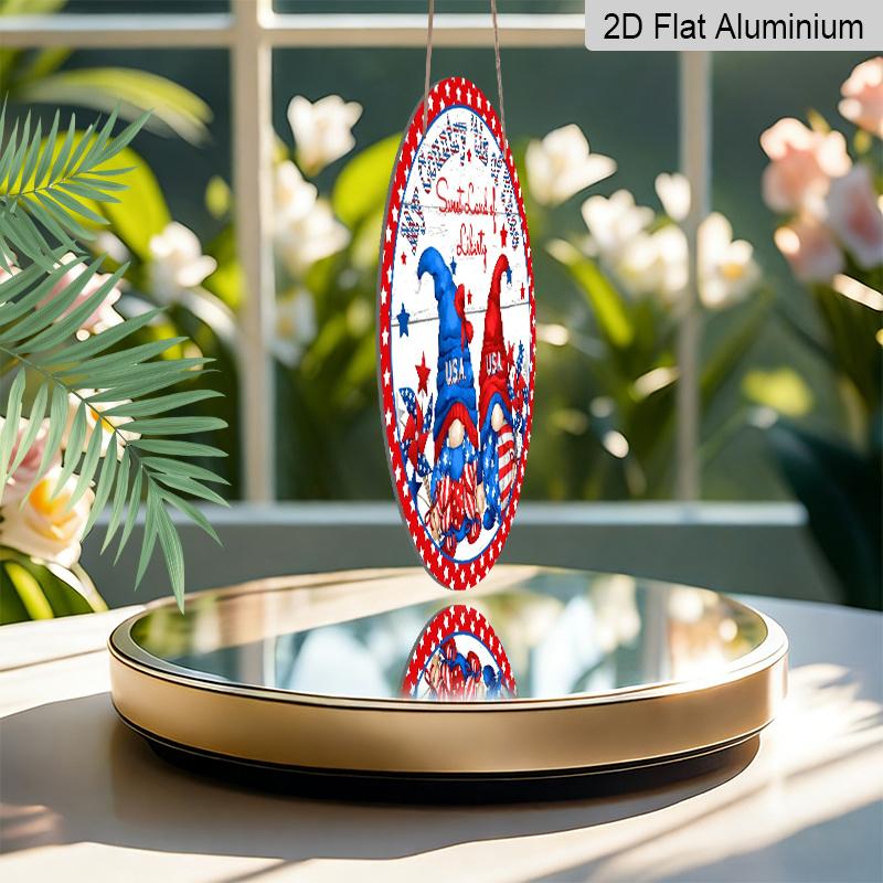 2D Flat Round Metal Sign: “My Country, This Sweet Land of Liberty” Patriotic Sign, 4th of July Sign, Red, White, and Blue Gnome for Home, Garden