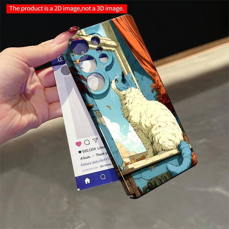 2DFlat Samsung phone case Blue-White Cat Gazing at Autumn Leaves Through Window Applicable to Galaxy S23 S24 S25ULTRA S26 A12 A14 A15 A16 A54 A55