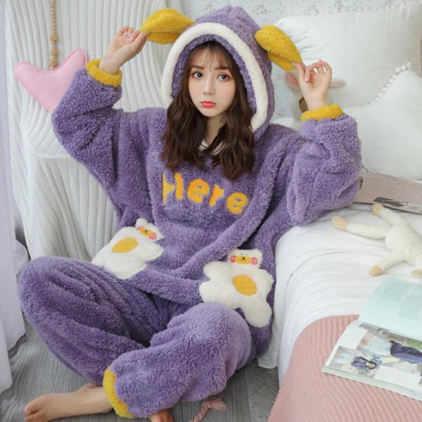 Женская фланелевая пижама с капюшоном и длинным ворсом - толстый, теплый флисовый костюм кораллового цвета для осени/зимы