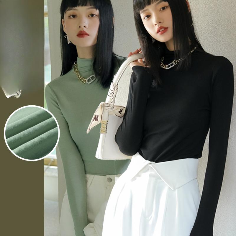 Женский облегающий топ с полувысоким воротником средней высоты и длинными рукавами, базовый слой, обтягивающая однотонная футболка для весны, осени и зимы