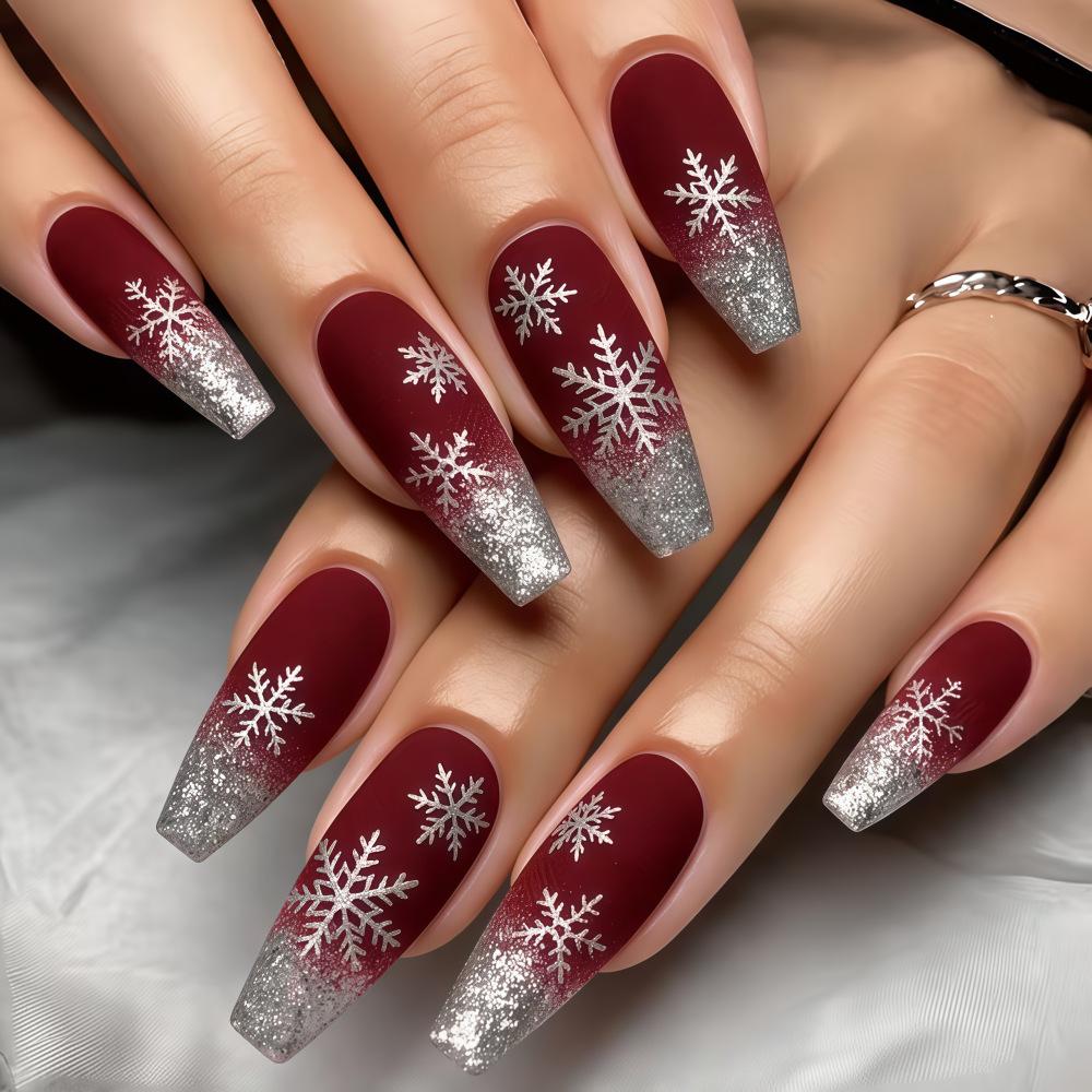 Christmas Snowflake Nails Burgundy Frosted Silver Gradient Fake Nail Patch French Glitter Manicure