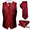 Mens Waistcoat Vest Tie Hankerchief Cufflinks Dark Red Paisley Collar Copper Buckle Jacquard Woven Silk Wedding Dating Party Set