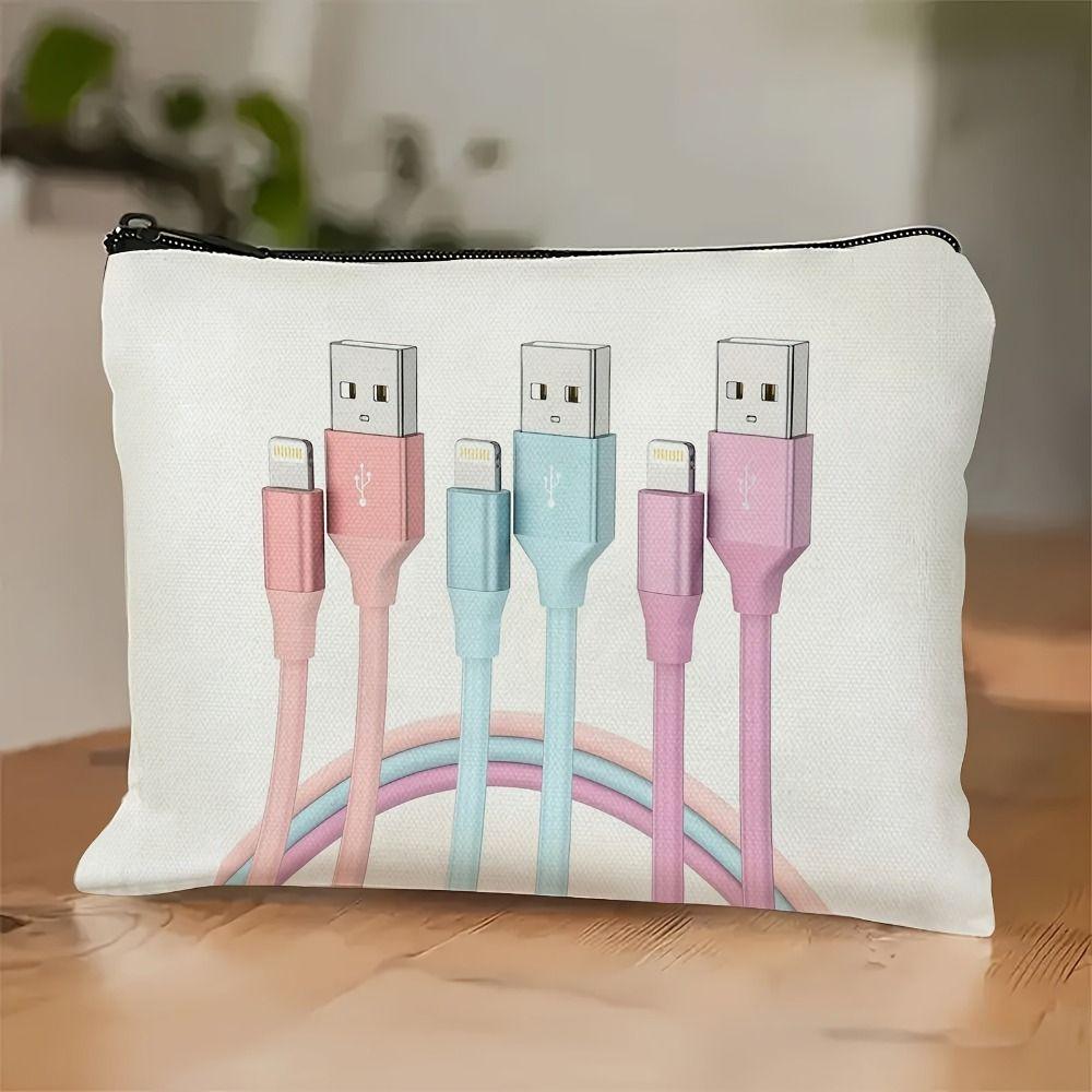 Canvas Charger Storage Pouch Print Design Zipper Closure Electronics Bag Large Capacity Cable Organizer Bag for Office Desk