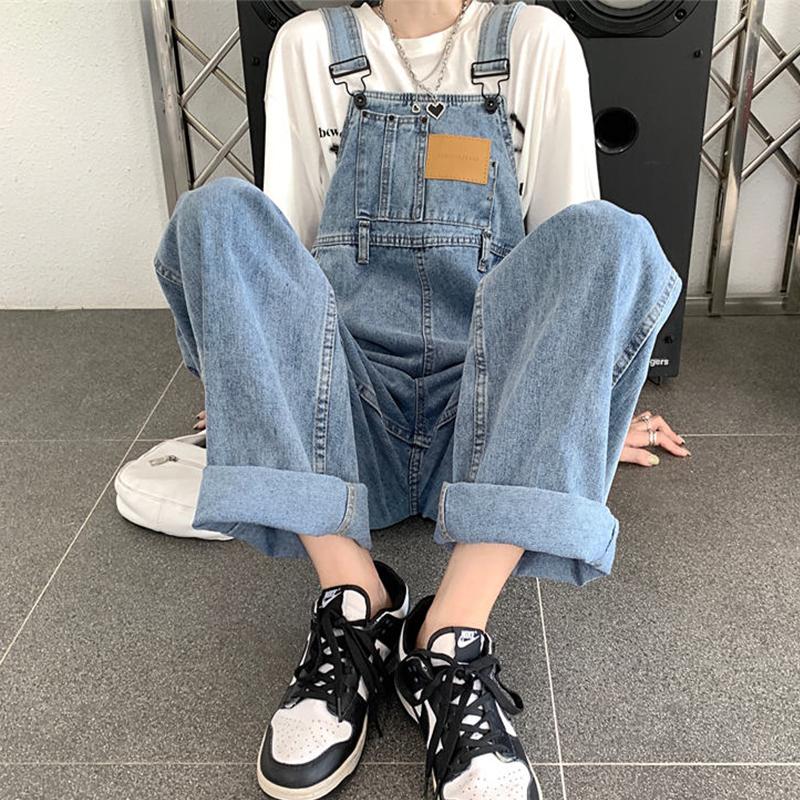 Vintage Denim Jumpsuit For Women Spring Autumn Casual Loose Overalls Female Straight Pants Large Size Suspender Jeans